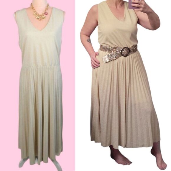 Mango Heathered Cream Color Pleated Sleeveless Midi Dress LARGE - Picture 4 of 17